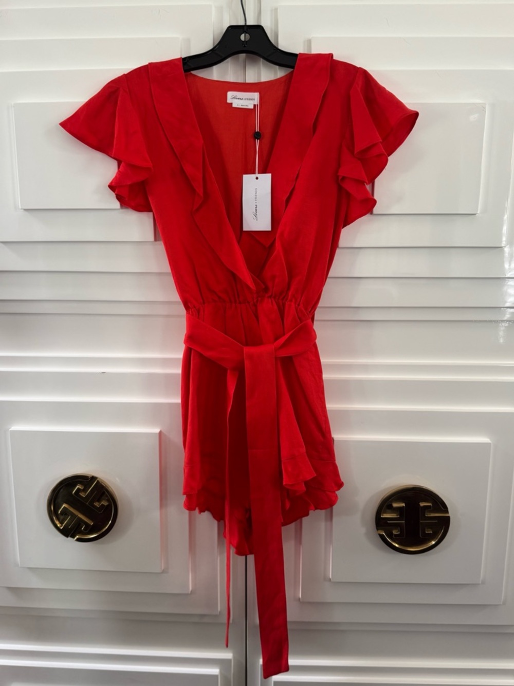 Lovers + Friends Red V-Neck Tie-Waist Gateway Romper XS - Picture 5 of 6